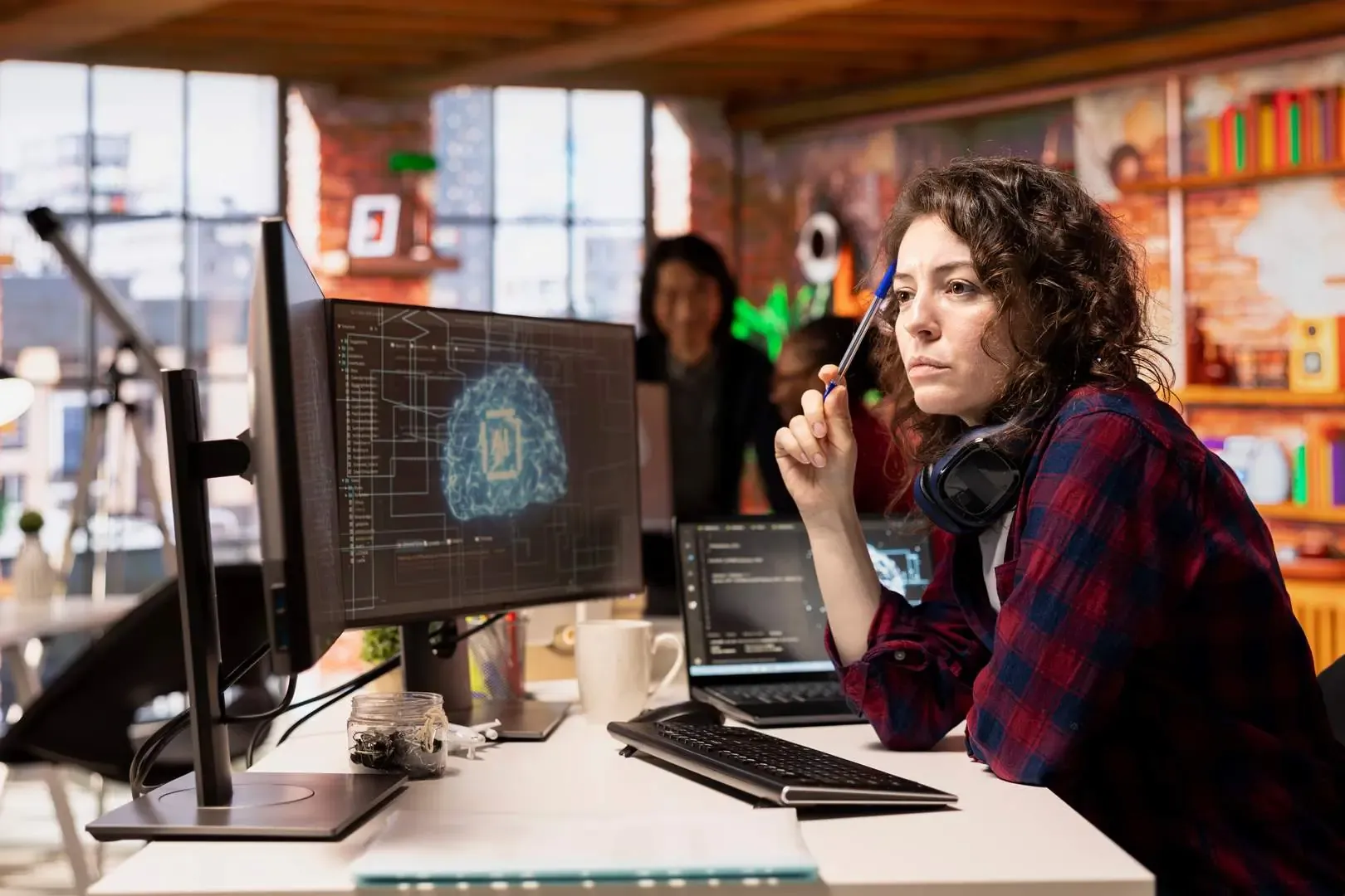 Security-Analystin am Arbeitsplatz vor einem Monitor mit KI-Modell-Visualisierung – Risiko autonomer KI-Modelle und neue Rollen der Cybersicherheit | Gallmond IT-Personalberatung