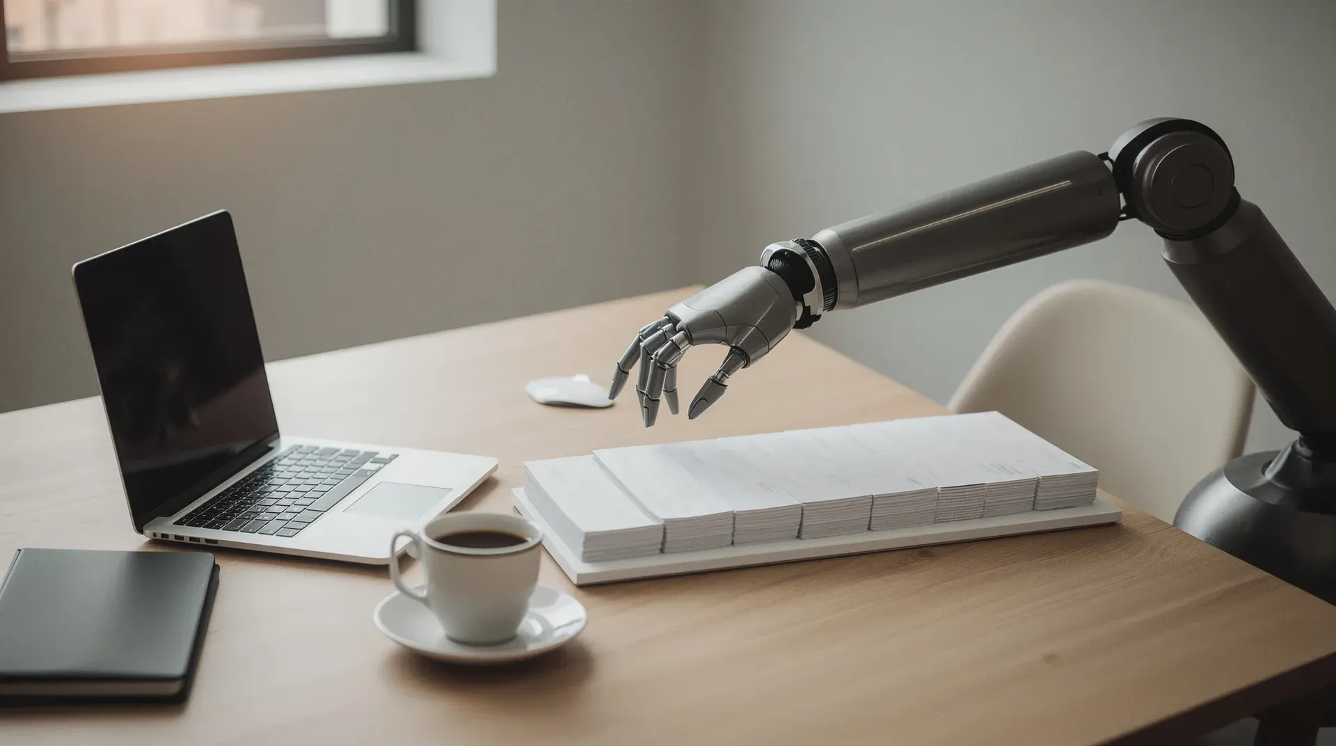 Robotergreifarm sortiert Dokumente auf einem Schreibtisch neben Laptop und Kaffeetasse – Sinnbild für KI-Agenten, die Aufgaben eigenständig ausführen | Gallmond IT-Personalberatung