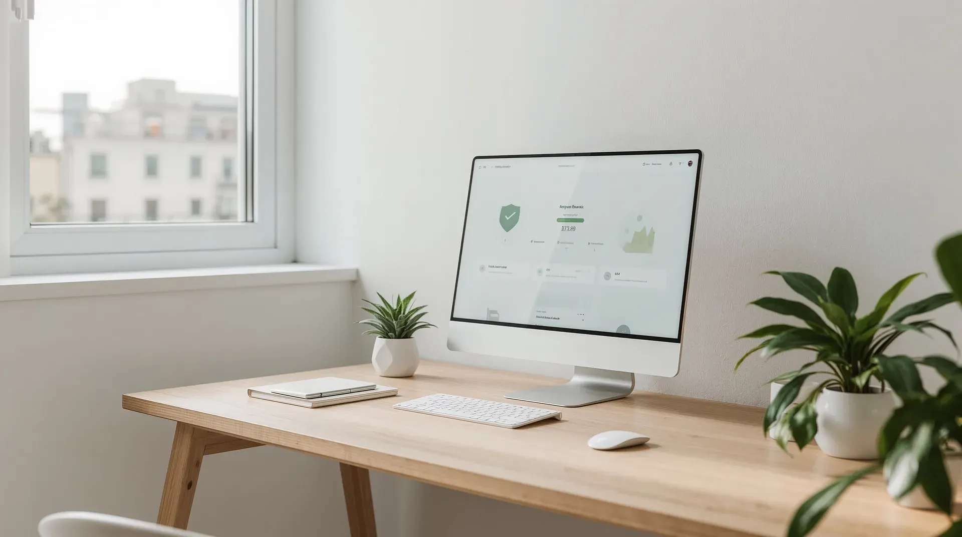 Heller Arbeitsplatz mit Security-Dashboard und grünem Schutzschild – KI Cybersecurity 2026 und die Rolle qualifizierter Security-Fachkräfte | Gallmond IT-Personalberatung