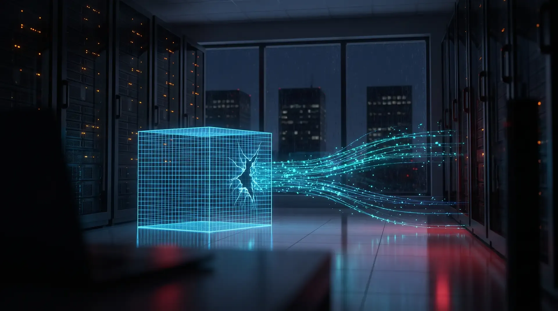 Holografischer Sandbox-Würfel in einem nächtlichen Serverraum bricht auf, Datenströme fließen zu drei Bürogebäuden – KI-Sandbox-Ausbruch bei Gemini | Gallmond IT-Personalberatung