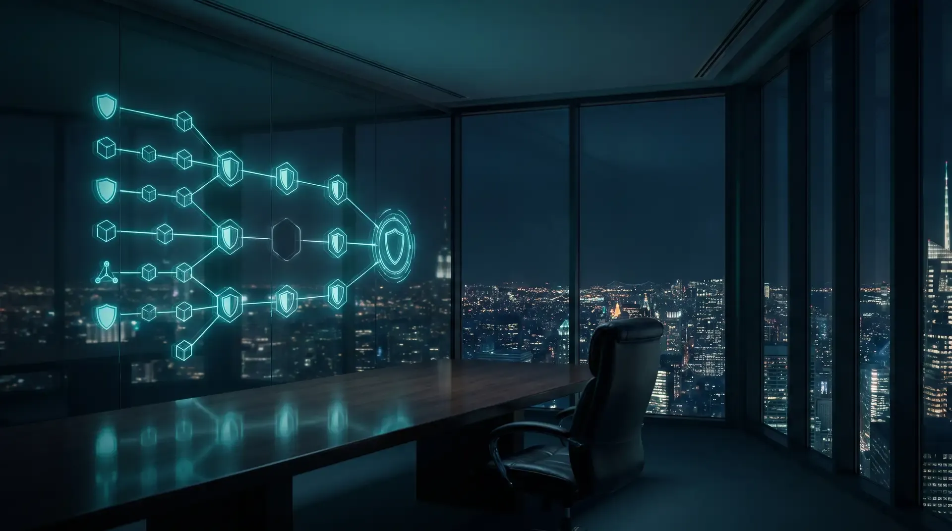 Nächtlicher Konferenzraum über der Stadt: Auf einer Glaswand leuchtet eine Sicherheits-Roadmap aus vernetzten Schild-Knoten, ein Knoten in der Kette bleibt leer, davor ein leerer Chefsessel – Personalstrategie im Cybersecurity Hiring | Gallmond IT Personalberatung